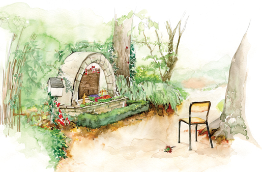 Une couronne de 20 feuilles d’érable adorne le monument dans le jardin de l’abbaye d’Ardenne. [ILLUSTRATION : JENNIFER MORSE]
