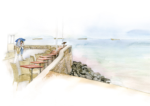 Un couple, sous la pluie, se balade au front de mer d’Arromanches, en France. Les restes, au loin, des grands caissons en béton qui ont servi à la construction du port artificiel. [ILLUSTRATION : JENNIFER MORSE]