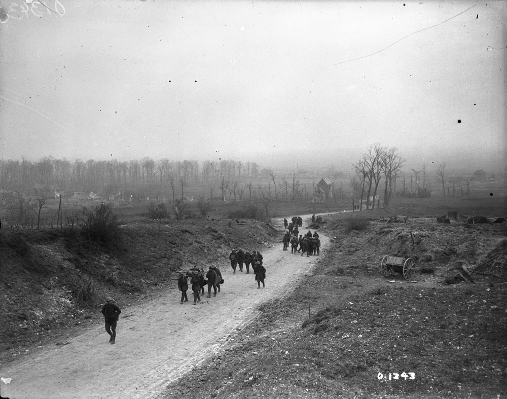 Germans bringing in Canadian wounded from the Capture of Arleux May, 1917.